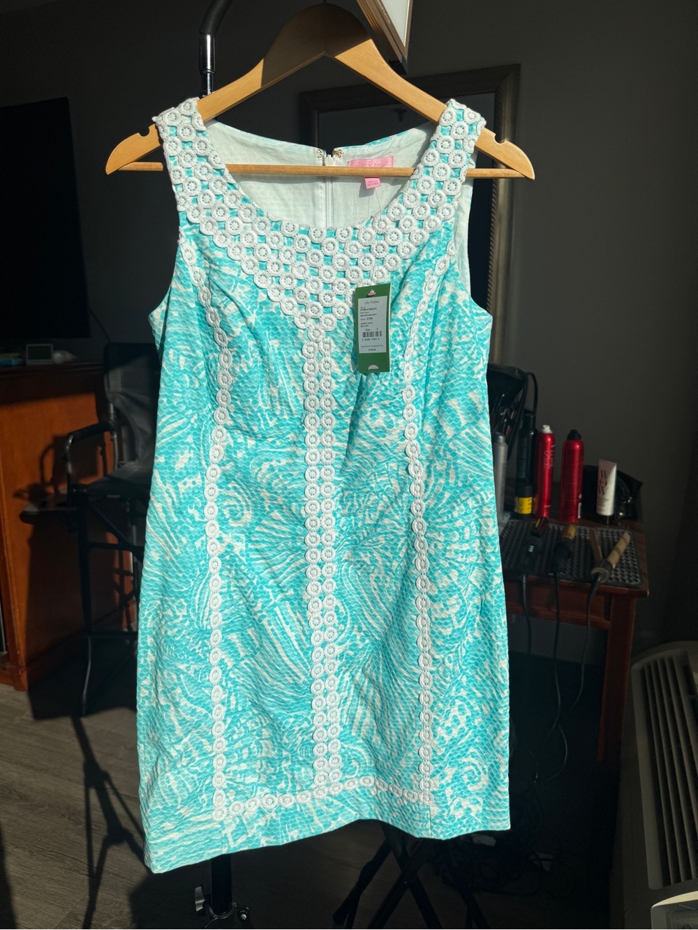 Lilly Pulitzer Aqua Tropical Print Shift Dress with White Crochet Trim - Picture 1 of 6